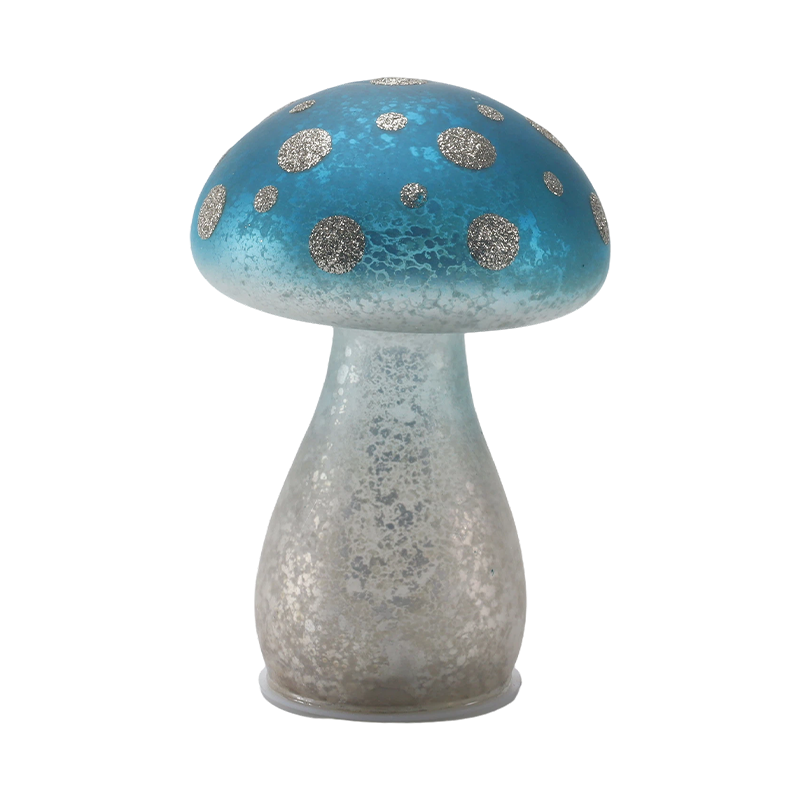 Håndlavet gradient blå frostet glas champignon ornament med sølvglitterpletter med led dekoration