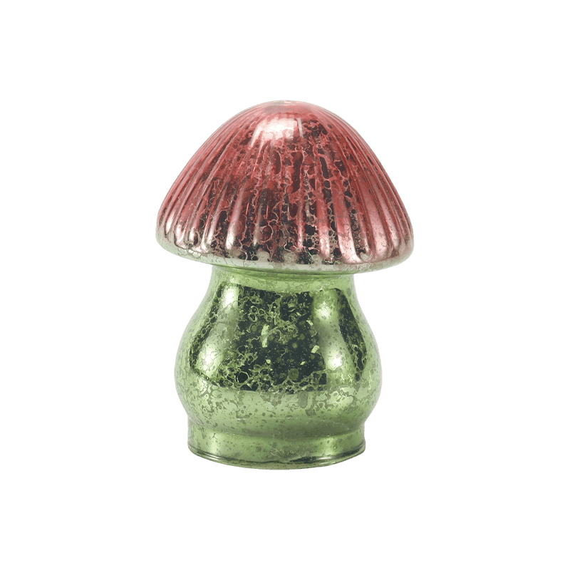 Håndlavet rød-grøn gradient ribbet kviksølv glas champignon ornament med led dekoration