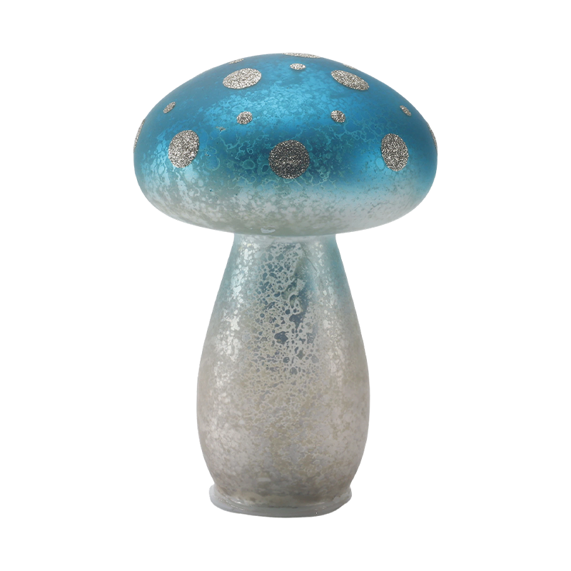 Håndlavet gradient blå frostet glas champignon ornament med sølvglitterpletter med led dekoration