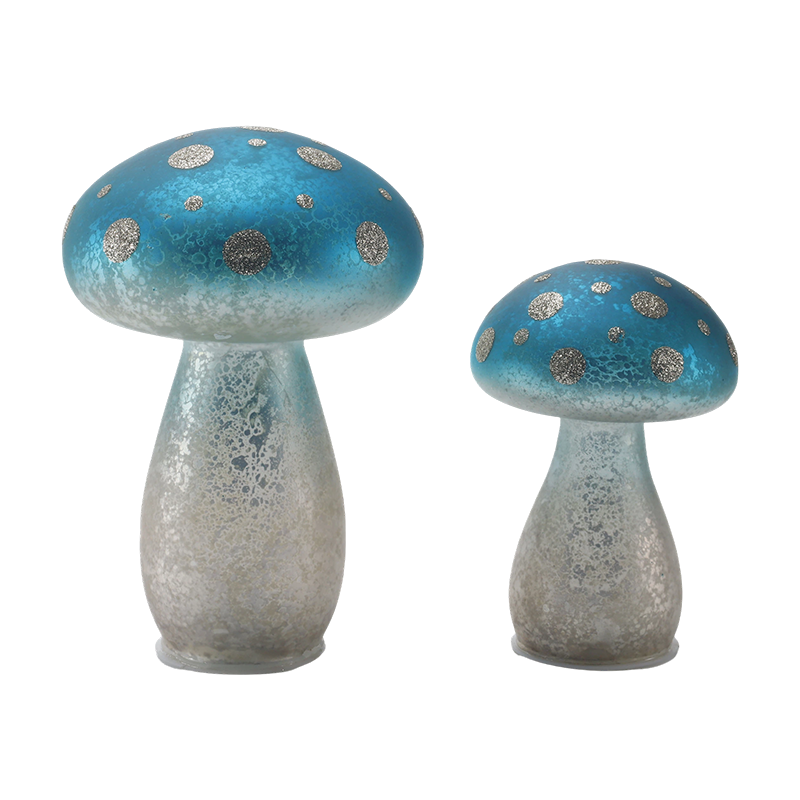 Håndlavet gradient blå frostet glas champignon ornament med sølvglitterpletter med led dekoration
