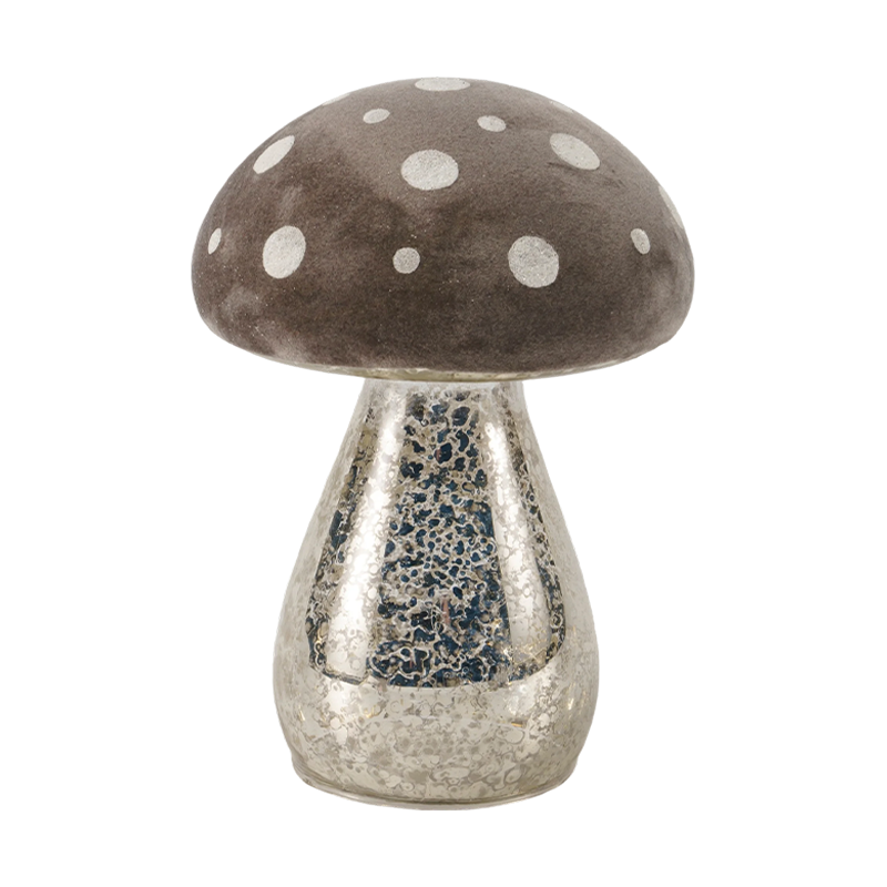Håndlavet brun frostet glas / fløjl top svampeprydning med sølvglitterpletter med led dekoration