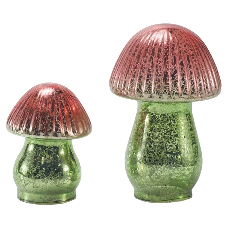 Håndlavet rød-grøn gradient ribbet kviksølv glas champignon ornament med led dekoration