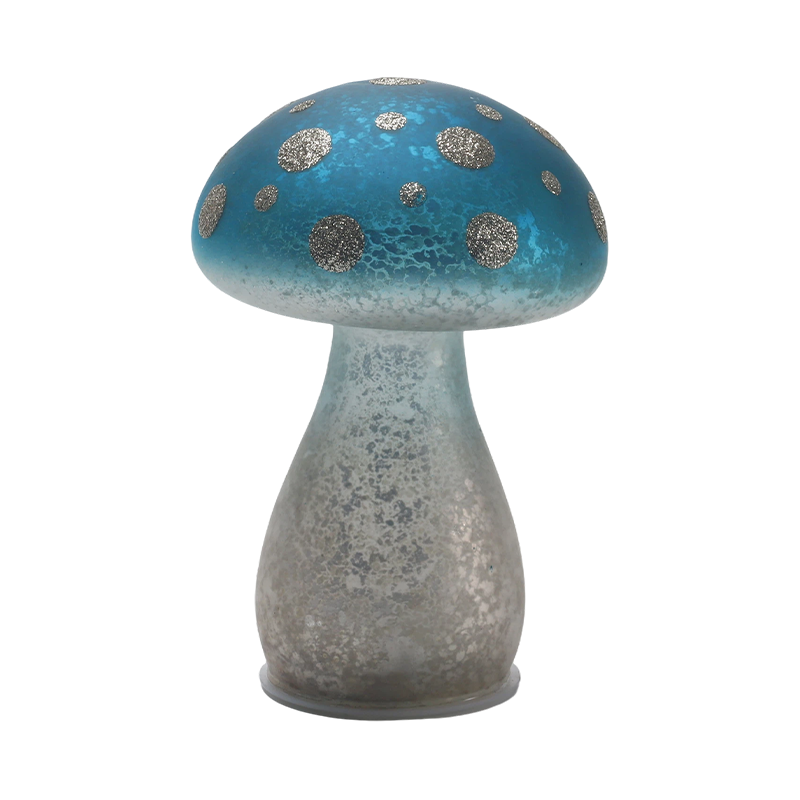 Håndlavet gradient blå frostet glas champignon ornament med sølvglitterpletter med led dekoration