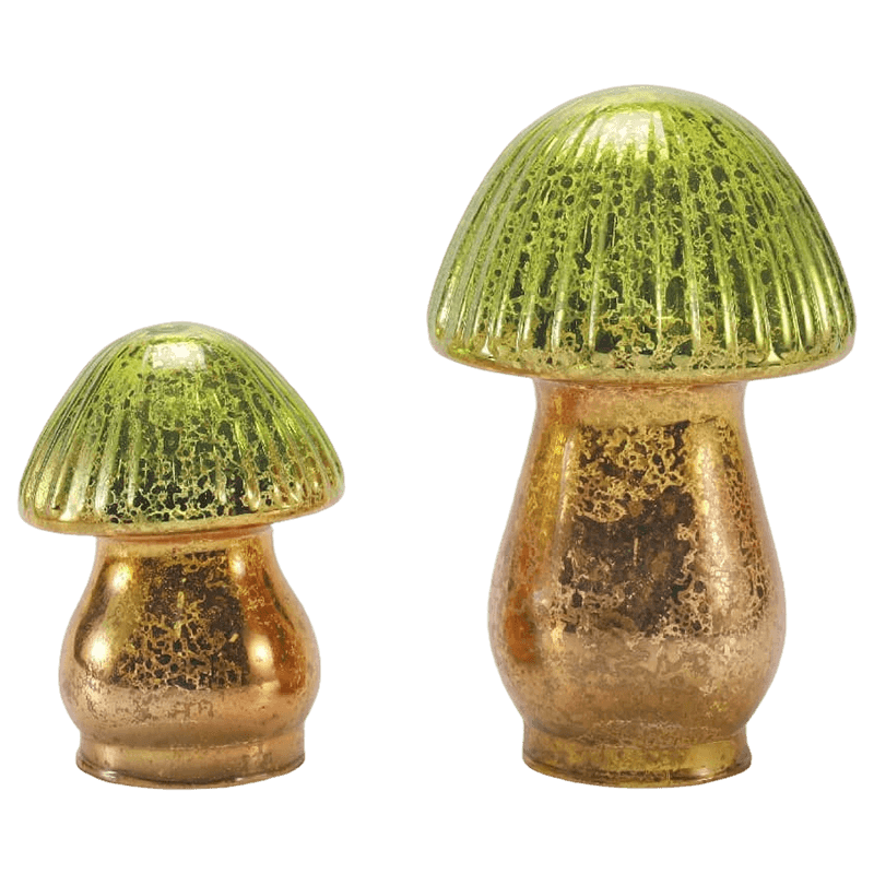 Håndlavet Grøn-Guld Gradient Ribbet Mercury Glas Champignon Ornament med LED dekoration