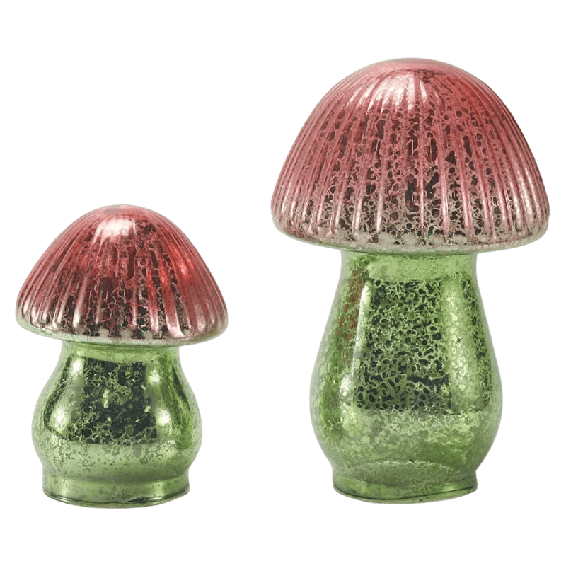 Håndlavet rød-grøn gradient ribbet kviksølv glas champignon ornament med led dekoration