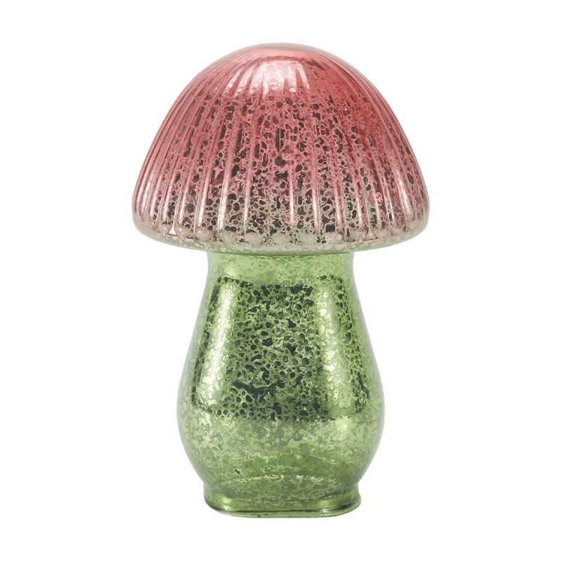 Håndlavet rød-grøn gradient ribbet kviksølv glas champignon ornament med led dekoration