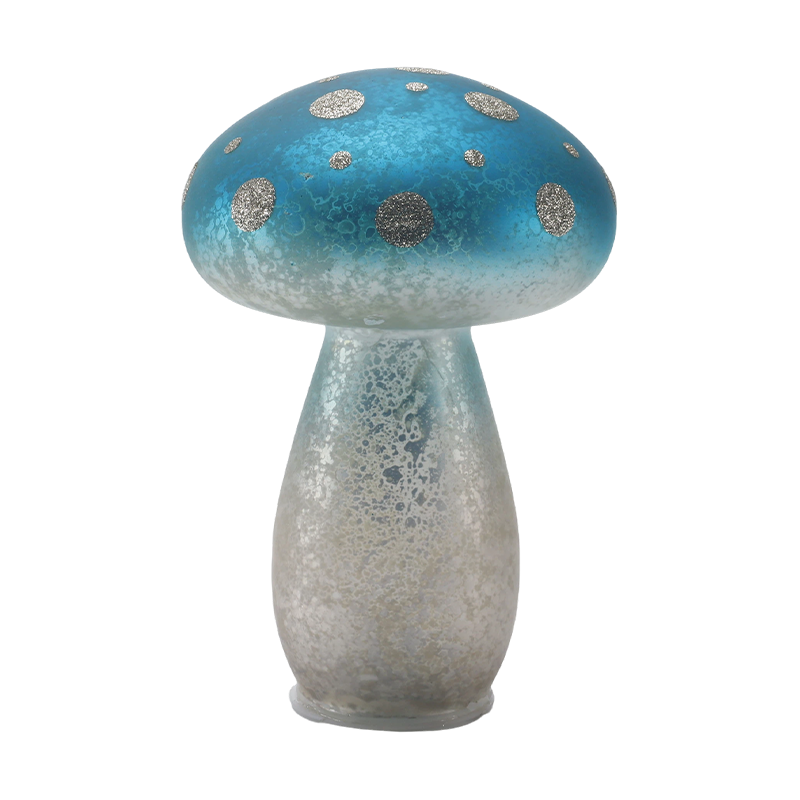Håndlavet gradient blå frostet glas champignon ornament med sølvglitterpletter med led dekoration