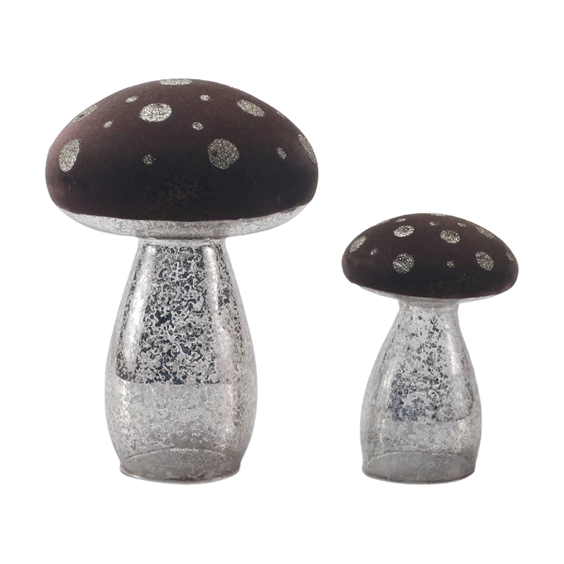 Håndlavet brun frostet glas / fløjl top svampeprydning med sølvglitterpletter med led dekoration