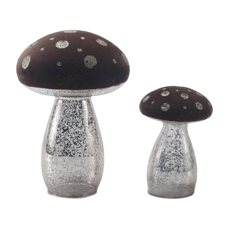 Håndlavet brun frostet glas / fløjl top svampeprydning med sølvglitterpletter med led dekoration