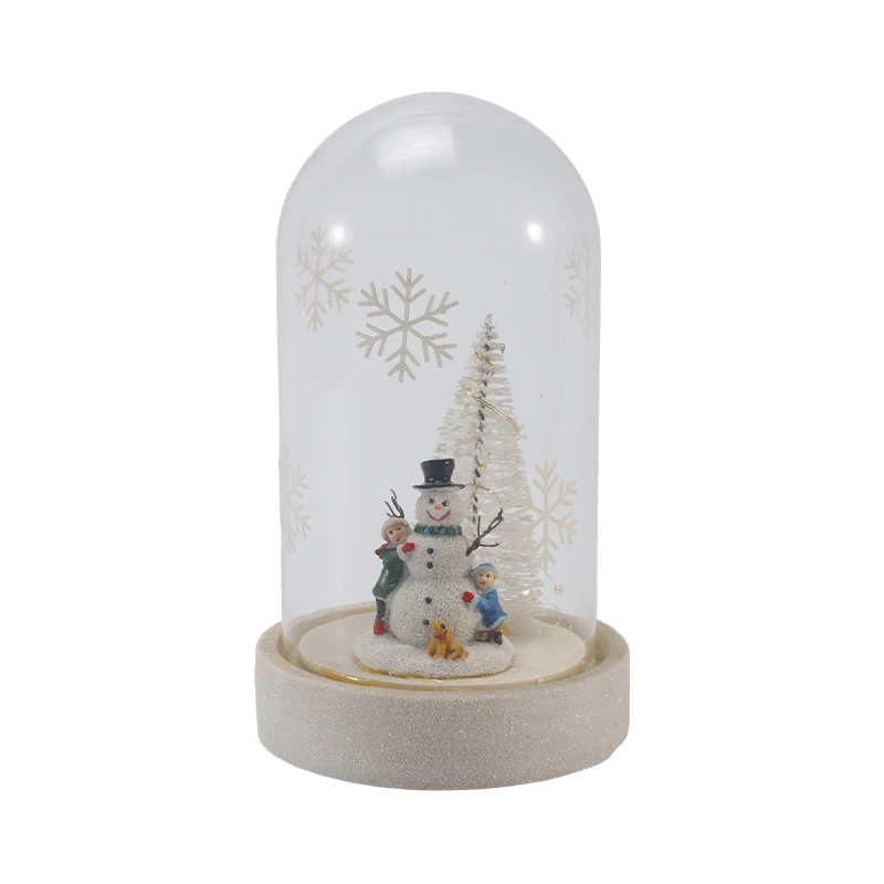 Festlig glascloche og flaskelys (snemandsscene / fyrrebær / juletræstile)