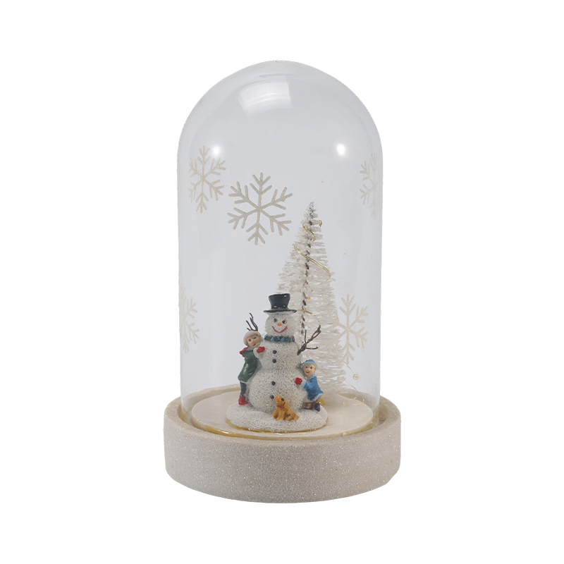 Festlig glascloche og flaskelys (snemandsscene / fyrrebær / juletræstile)