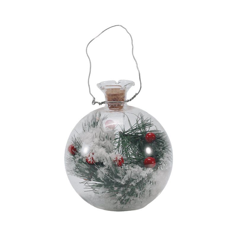 Festlig glascloche og flaskelys (snemandsscene / fyrrebær / juletræstile)
