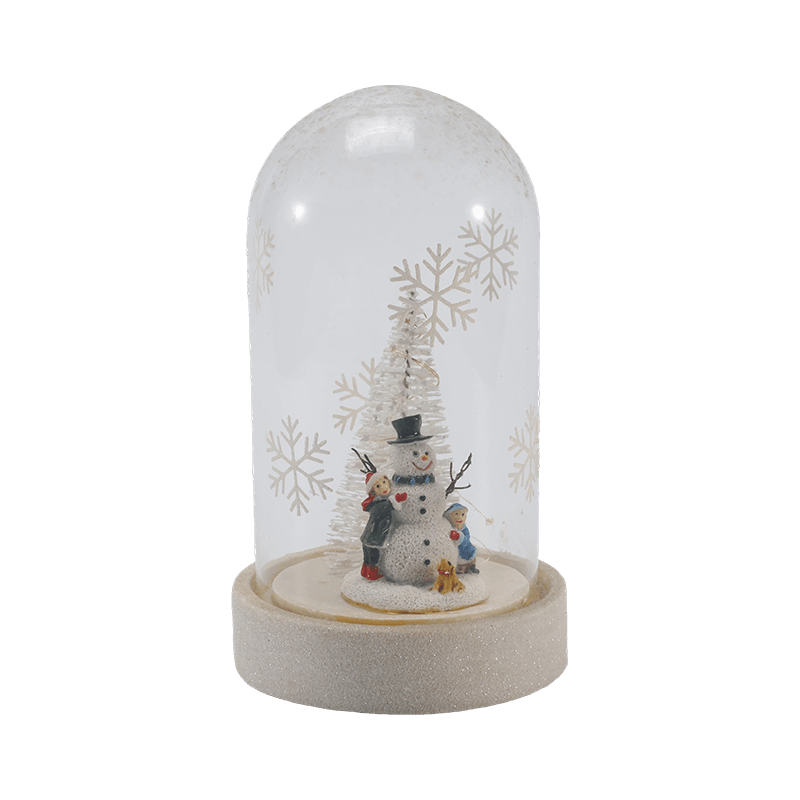 Festlig glascloche og flaskelys (snemandsscene / fyrrebær / juletræstile)