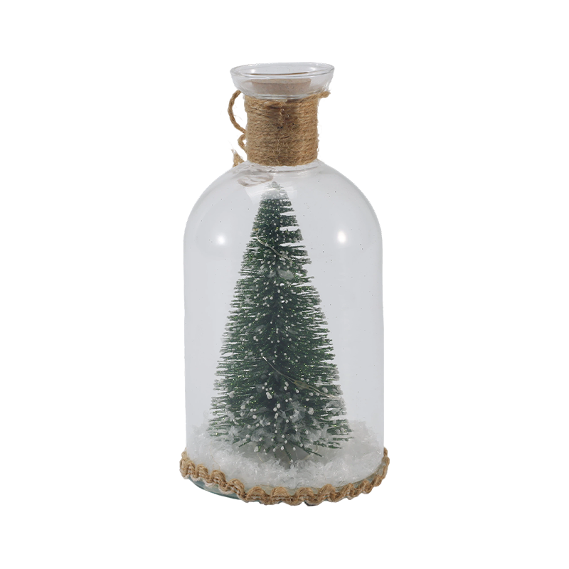 Festlig glascloche og flaskelys (snemandsscene / fyrrebær / juletræstile)