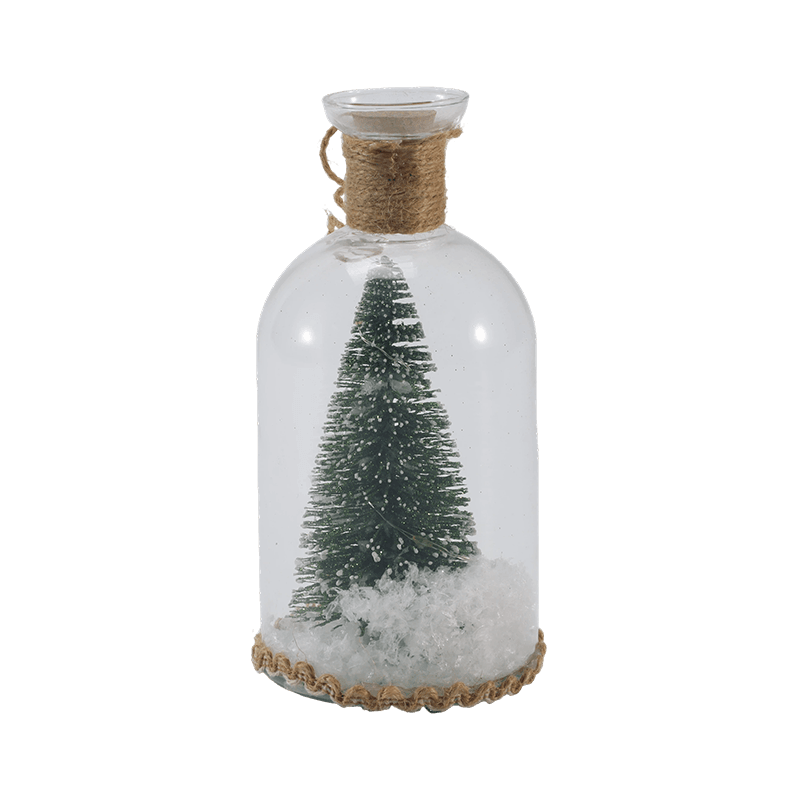 Festlig glascloche og flaskelys (snemandsscene / fyrrebær / juletræstile)